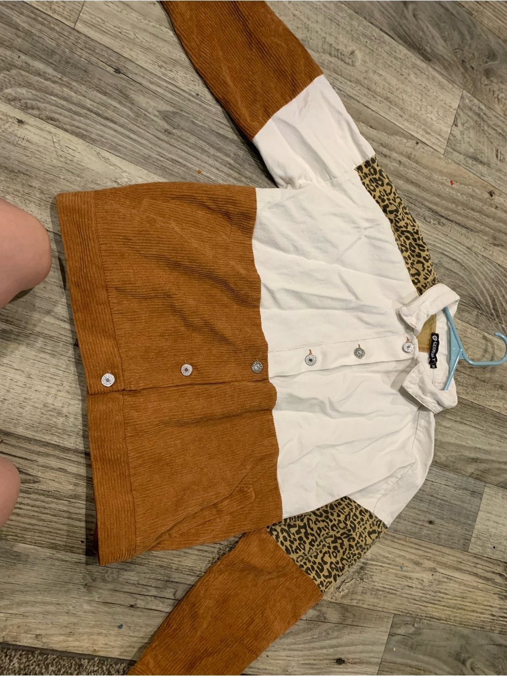 Colorblock Corduroy & Cotton Jean Jacket in White and Rust with Leopard Trim